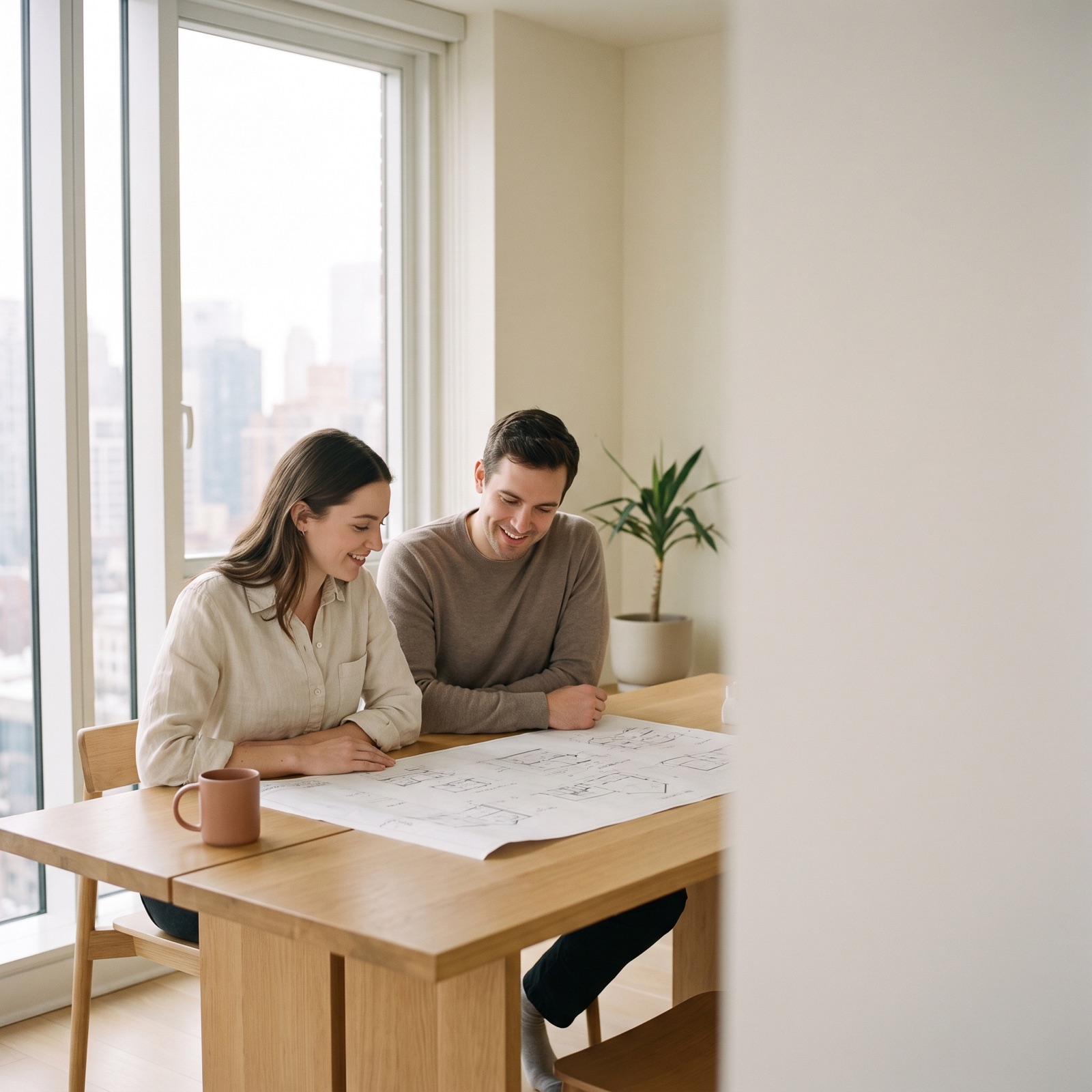 Two operators reviewing a CYSTEMS system map together at a light oak table by a city window